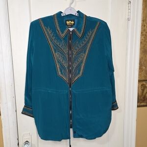 Bob Mackie Wearable Art 100% Silk Women's Teal  Embroidered Jacket 1X